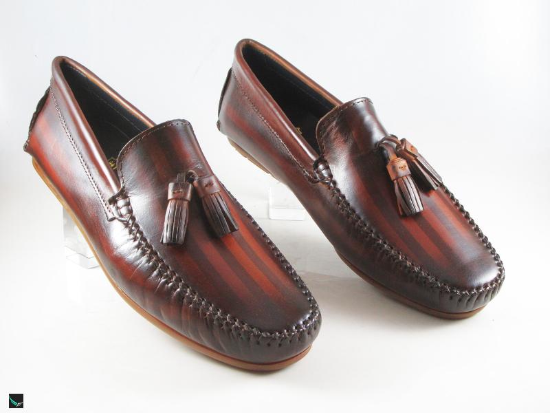 Patina finished tassel loafer with stripe print in Tan