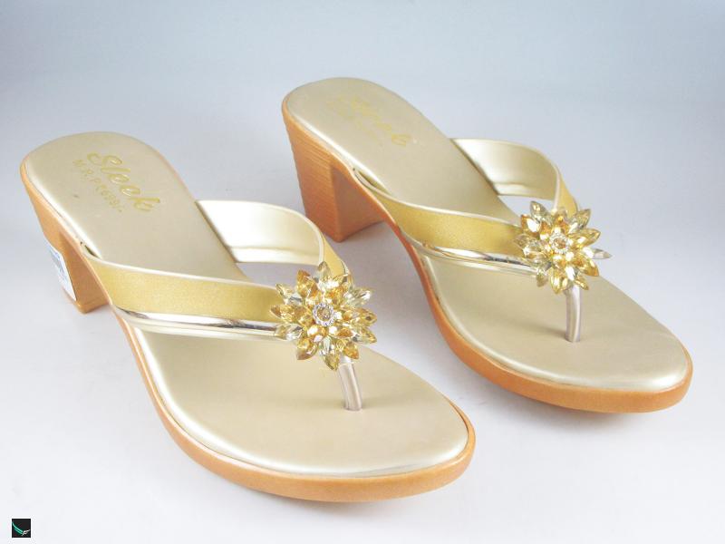 Ladies Ankle Tie Thong Sandal With Knock On Heel - Gold